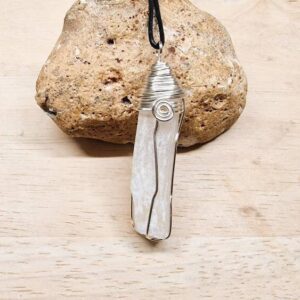 Selenite necklace. Raw Selenite stick pendant. Raw Crystal necklace. Reiki jewelry uk. Silver plated Wire wrap pendant. Empowered crystals