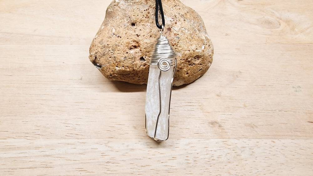 Raw Selenite Crystal Necklace, Silver Wire Wrapped Pendant