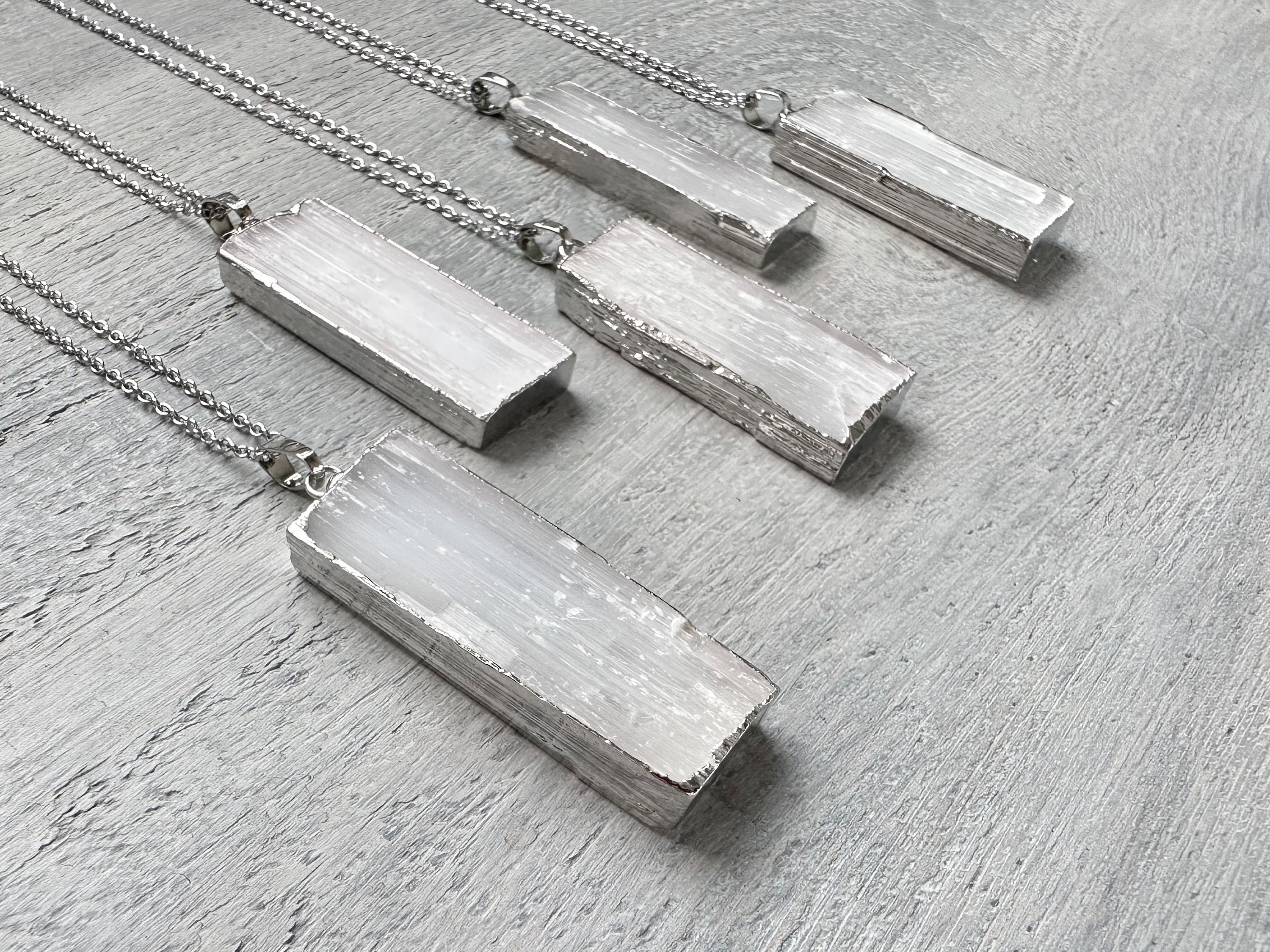 Selenite Necklace, Selenite Silver Pendant, Raw Selenite Necklace, Natural Selenite, White Rectangle Pendant Necklace, Raw Stone Jewelry Selenite Necklace, Selenite Silver Pendant, Raw Selenite Necklace, Natural Selenite, White Rectangle Pendant Necklace, Raw Stone Jewelry