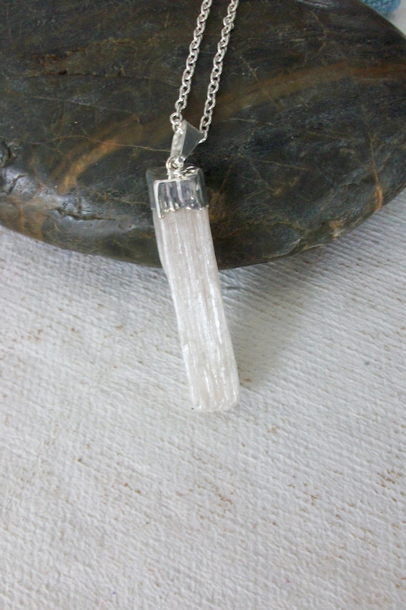 Selenite Necklace Sterling Silver • White Selenite Pendant • Gemstone Point Necklace • Natural Selenite Stone • Gift For Crystal Lover