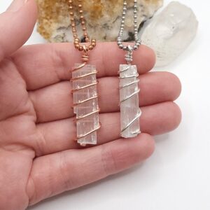 Selenite Necklace, Wire Wrapped Selenite Pendant, Raw Selenite Jewelry, Crystal Necklace
