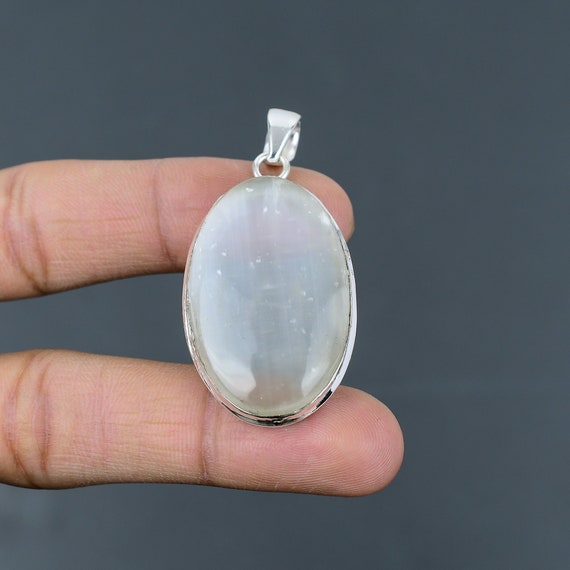 Oval Selenite Pendant: Handmade 925 Sterling Silver Gemstone Jewelry