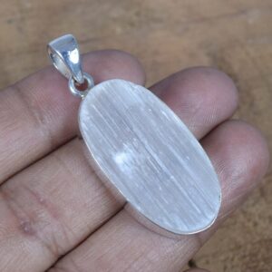 Selenite Oval Pendant: Rough Gemstone, 925 Sterling Silver, Handmade Jewelry