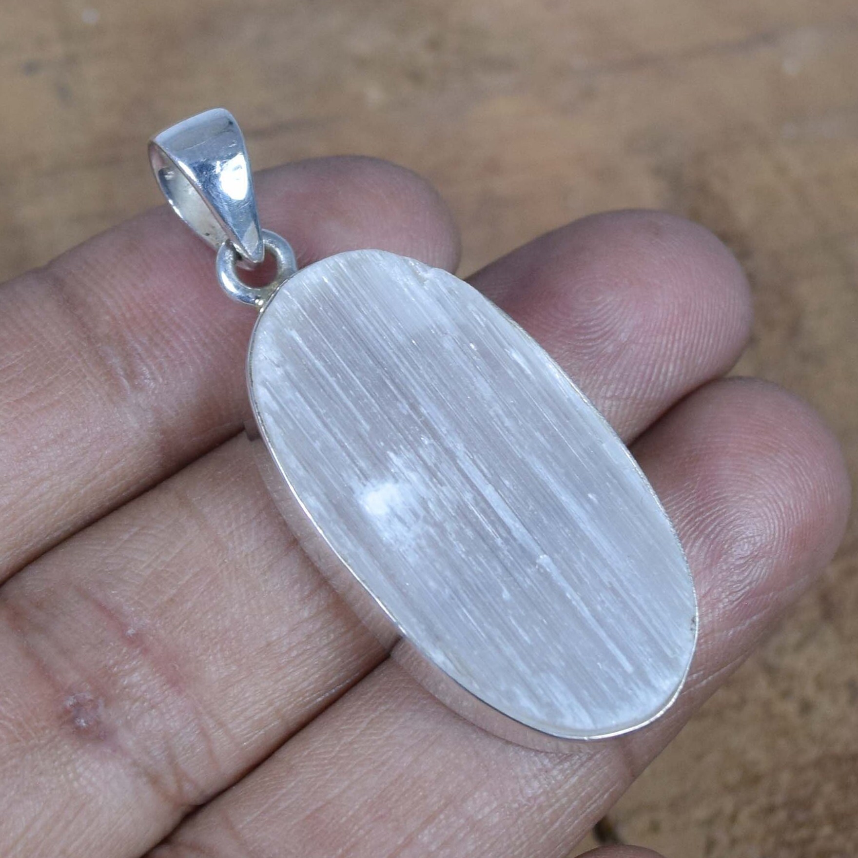 Selenite Oval Pendant: Rough Gemstone, 925 Sterling Silver, Handmade Jewelry