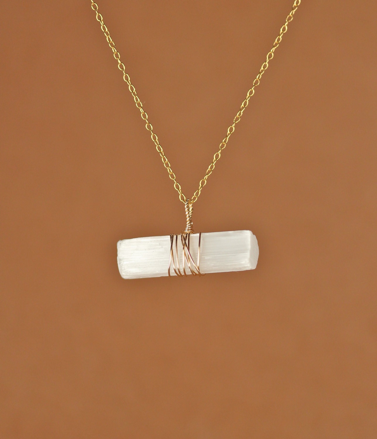 Raw Selenite Crystal Necklace: 14k Gold Filled Chain, Wire Wrapped Pendant