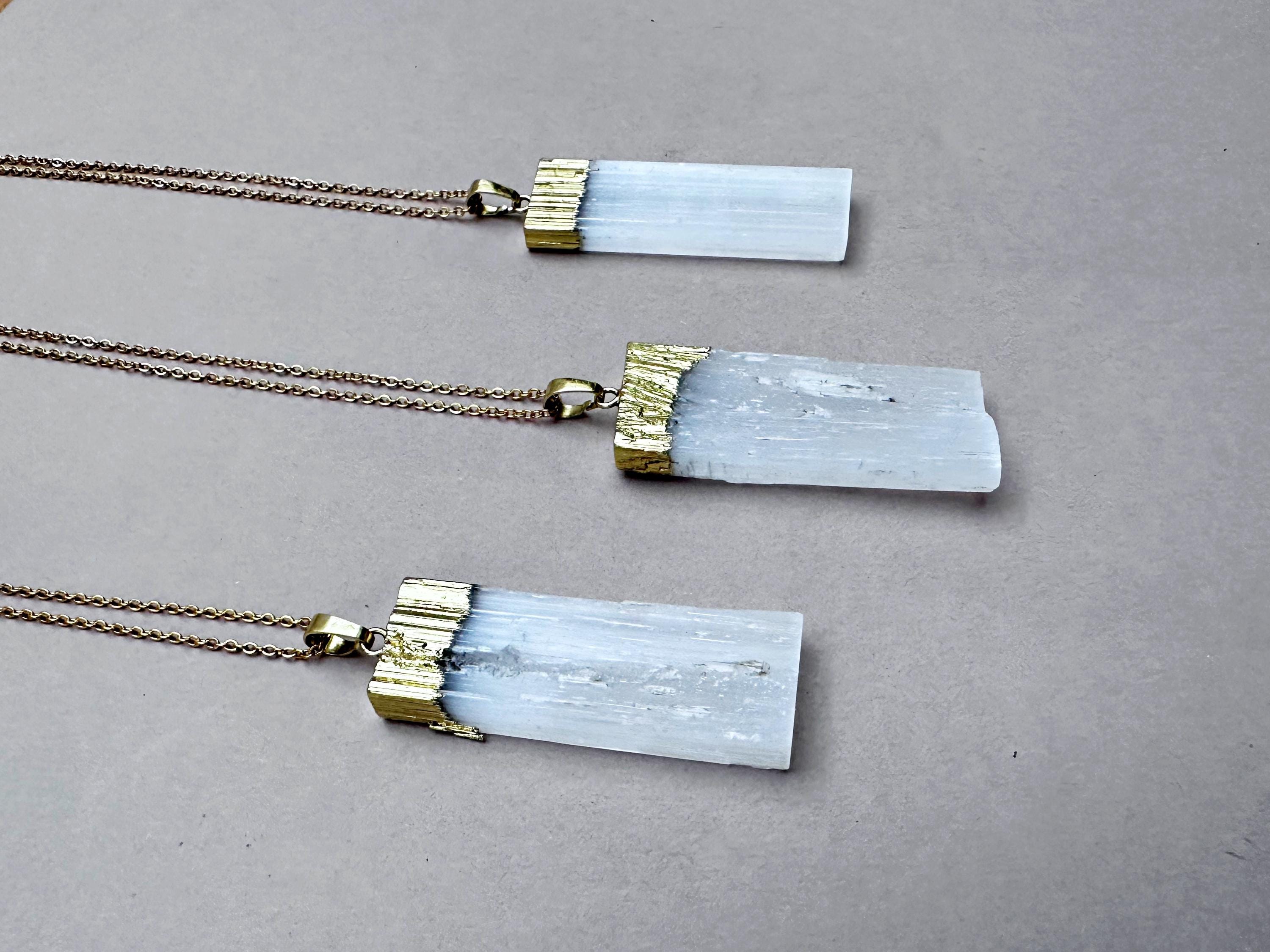 Raw Selenite Necklace, Large Selenite Layering Necklace, Gold White Pendant Necklace, Gift For Women For Man, Selenite Crystal Jewelry Raw Selenite Necklace, Large Selenite Layering Necklace, Gold White Pendant Necklace, Gift For Women For Man, Selenite Crystal Jewelry