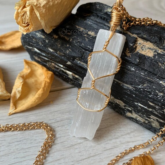 Raw Selenite Necklace - Wire Wrapped Selenite Pendant - Genuine Selenite Jewelry - Healing Crystal Necklace - Selenite Pendant