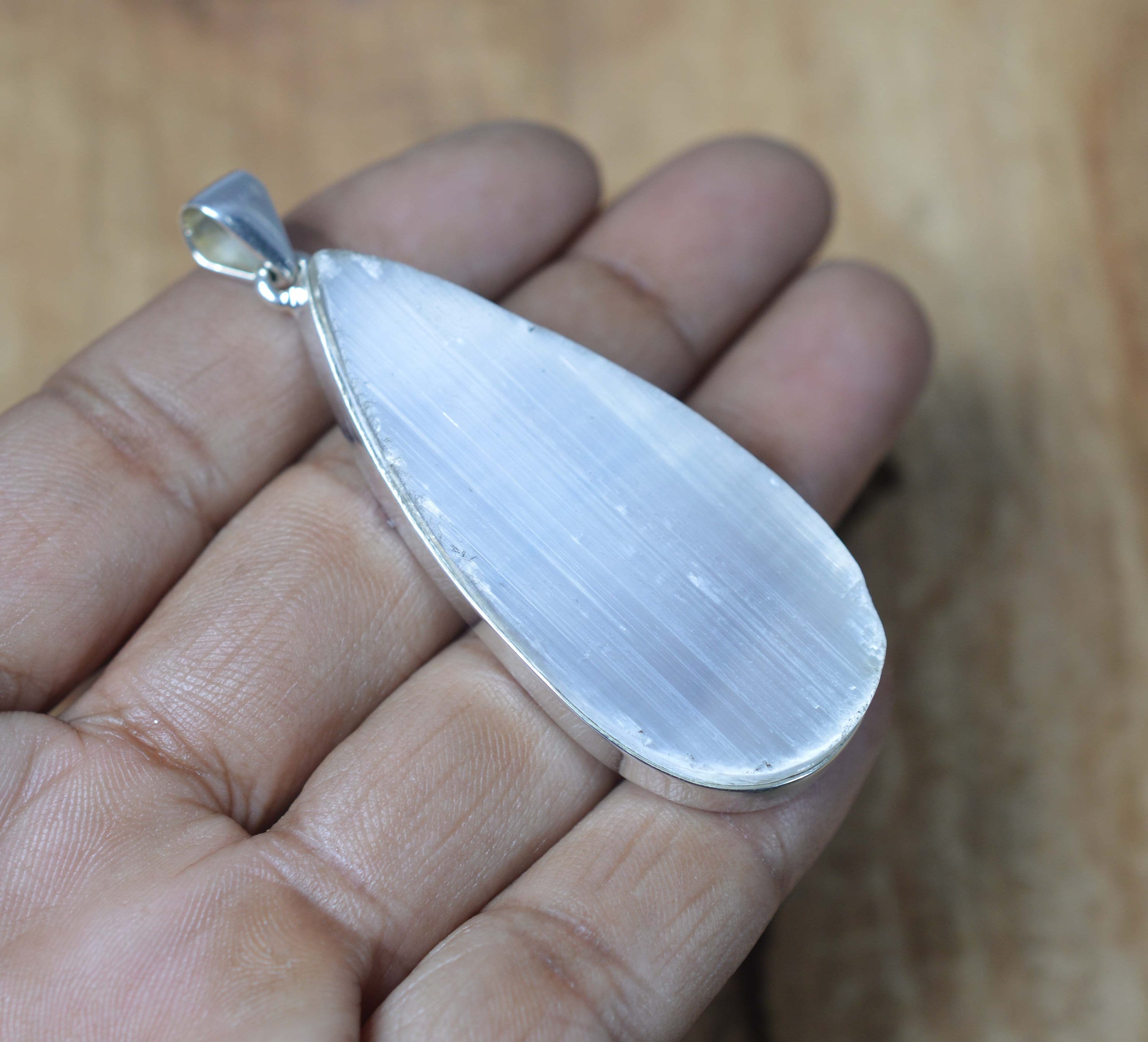 Rough Selenite 925 Sterling Silver Pear Shape Gemstone Jewelry Big Pendant