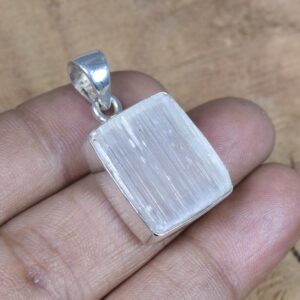 Rough Selenite 925 Sterling Silver Pendant: Handmade Square Gemstone Jewelry