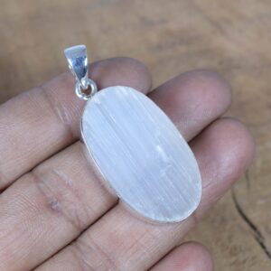 Rough Selenite 925 Sterling Silver Pendant: Handmade Oval Gemstone Jewelry