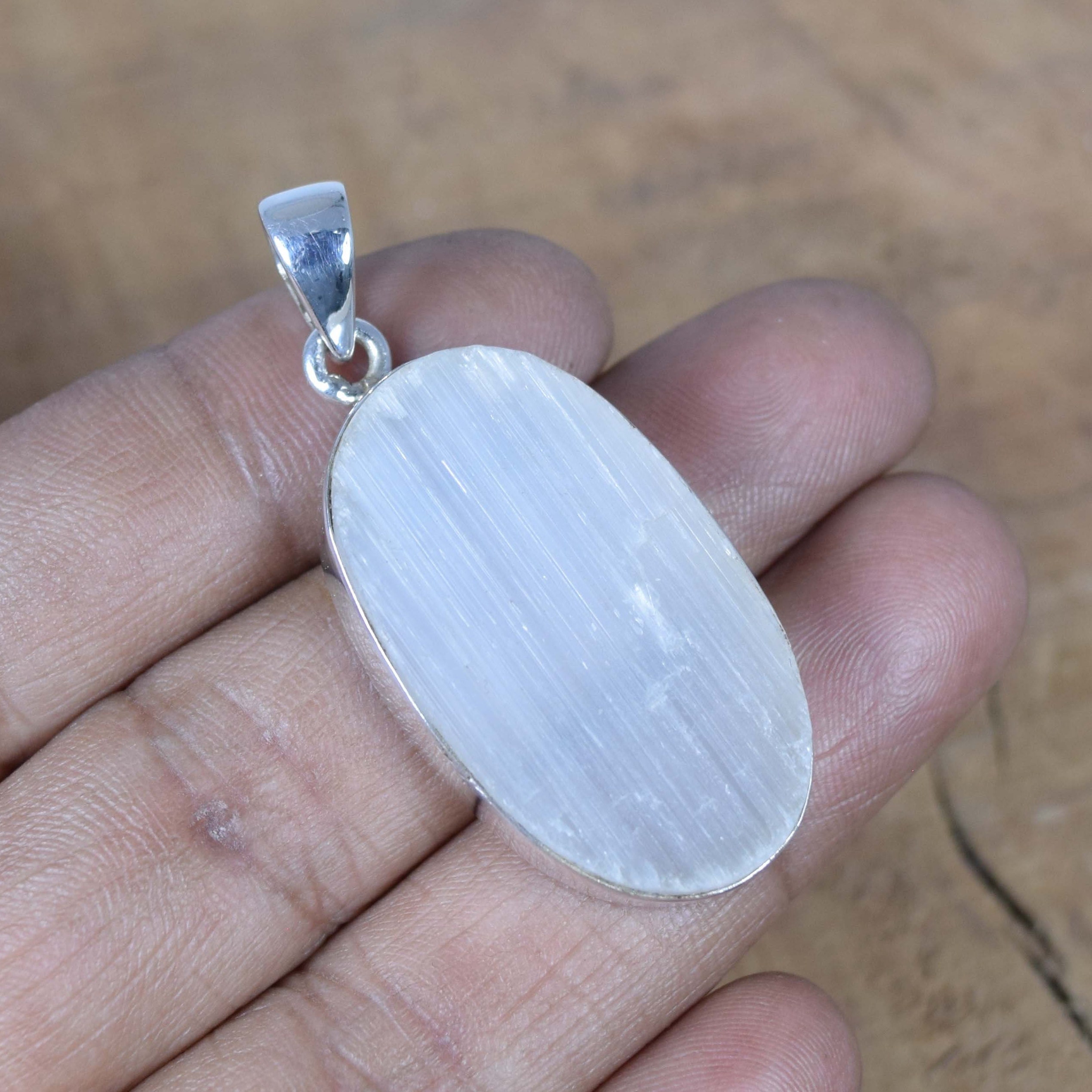 Rough Selenite 925 Sterling Silver Pendant: Handmade Oval Gemstone Jewelry Rough Selenite 925 Sterling Silver Pendant: Handmade Oval Gemstone Jewelry