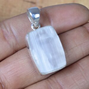 Rough Selenite 925 Sterling Silver Pendant: Handmade Square Gemstone Jewelry