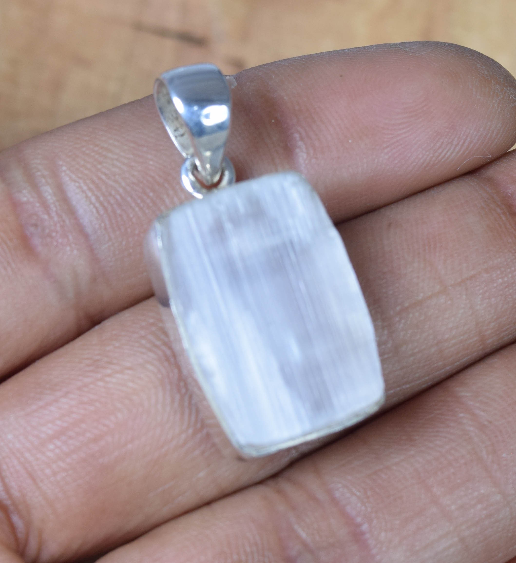 Rough Selenite 925 Sterling Silver Pendant: Handmade Square Gemstone Jewelry