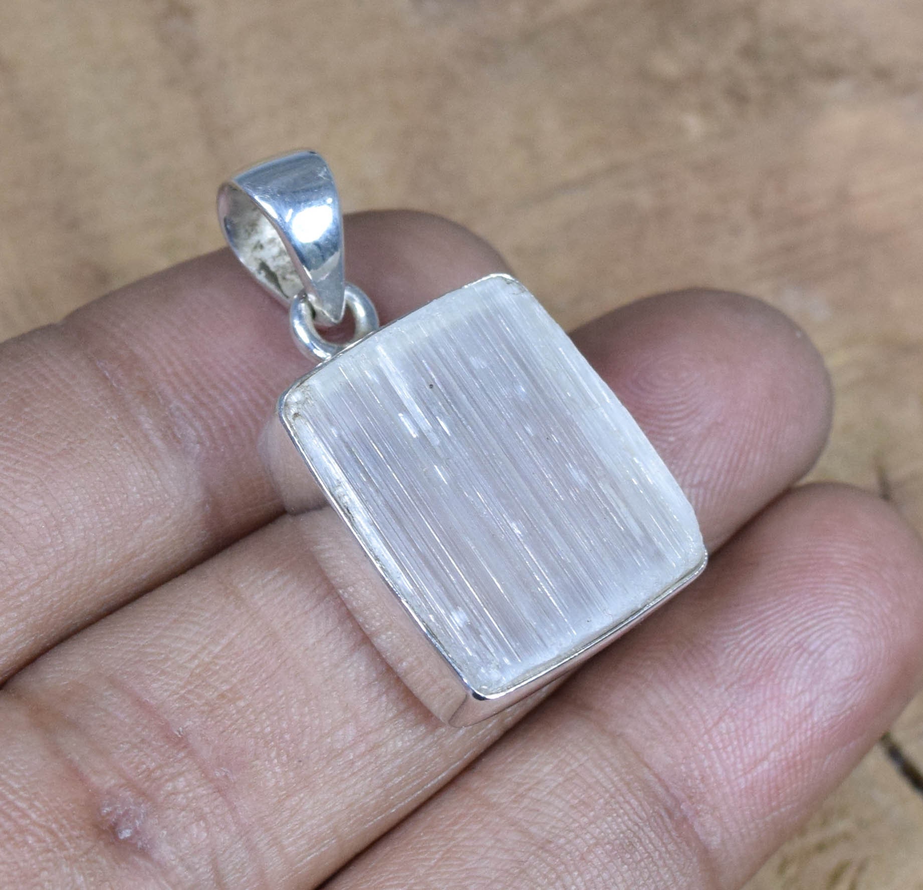 Rough Selenite 925 Sterling Silver Pendant: Handmade Square Gemstone Jewelry