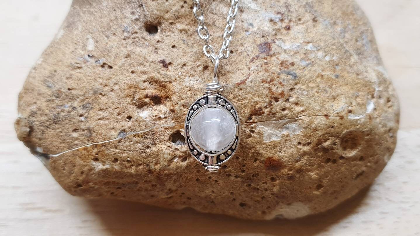 Tiny Selenite Pendant. 15mm Crystal Reiki Jewelry Uk. Silver Plated Oval Frame Necklace. Wire Wrap Pendant. Empowered Crystals