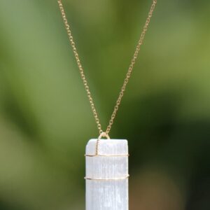 Selenite Wand Necklace: Raw Crystal Pendant, 14k Gold Filled Chain