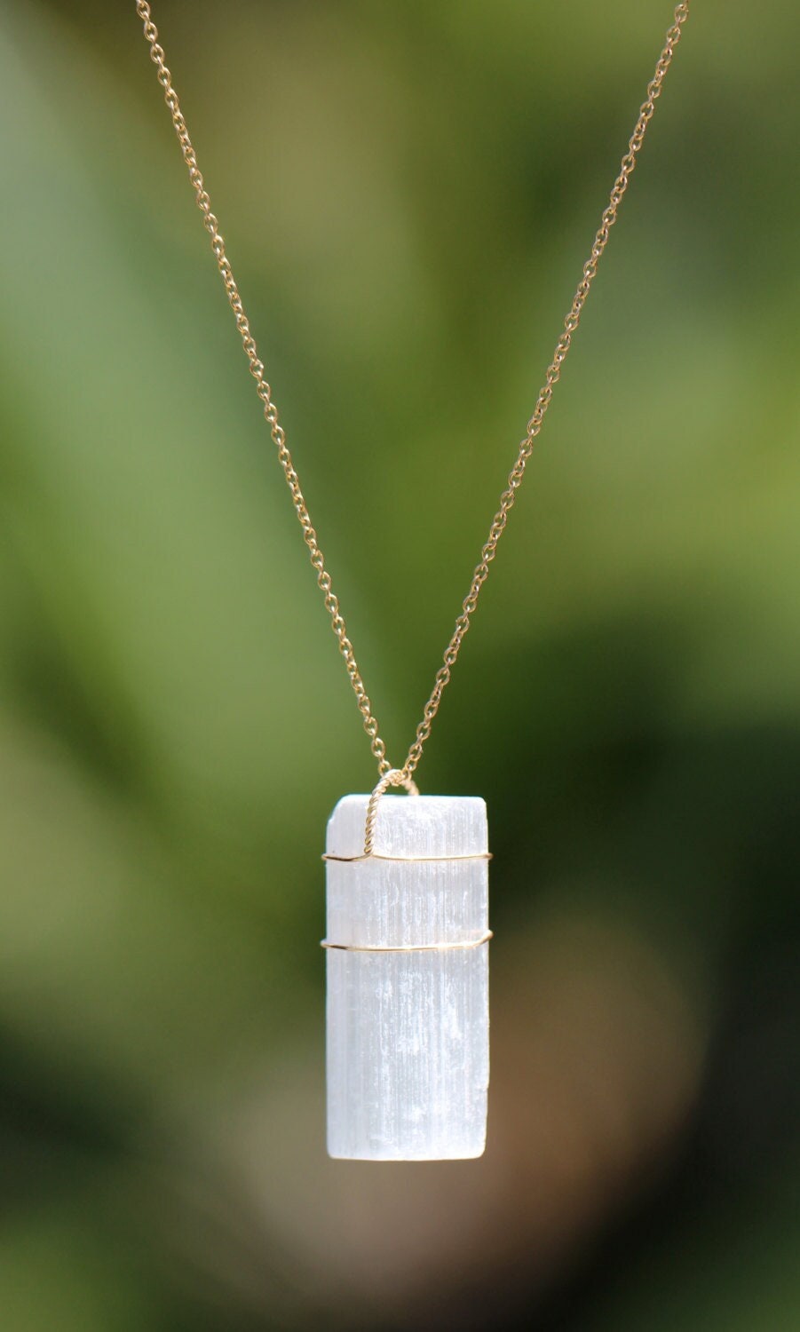 Selenite Wand Necklace: Raw Crystal Pendant, 14k Gold Filled Chain