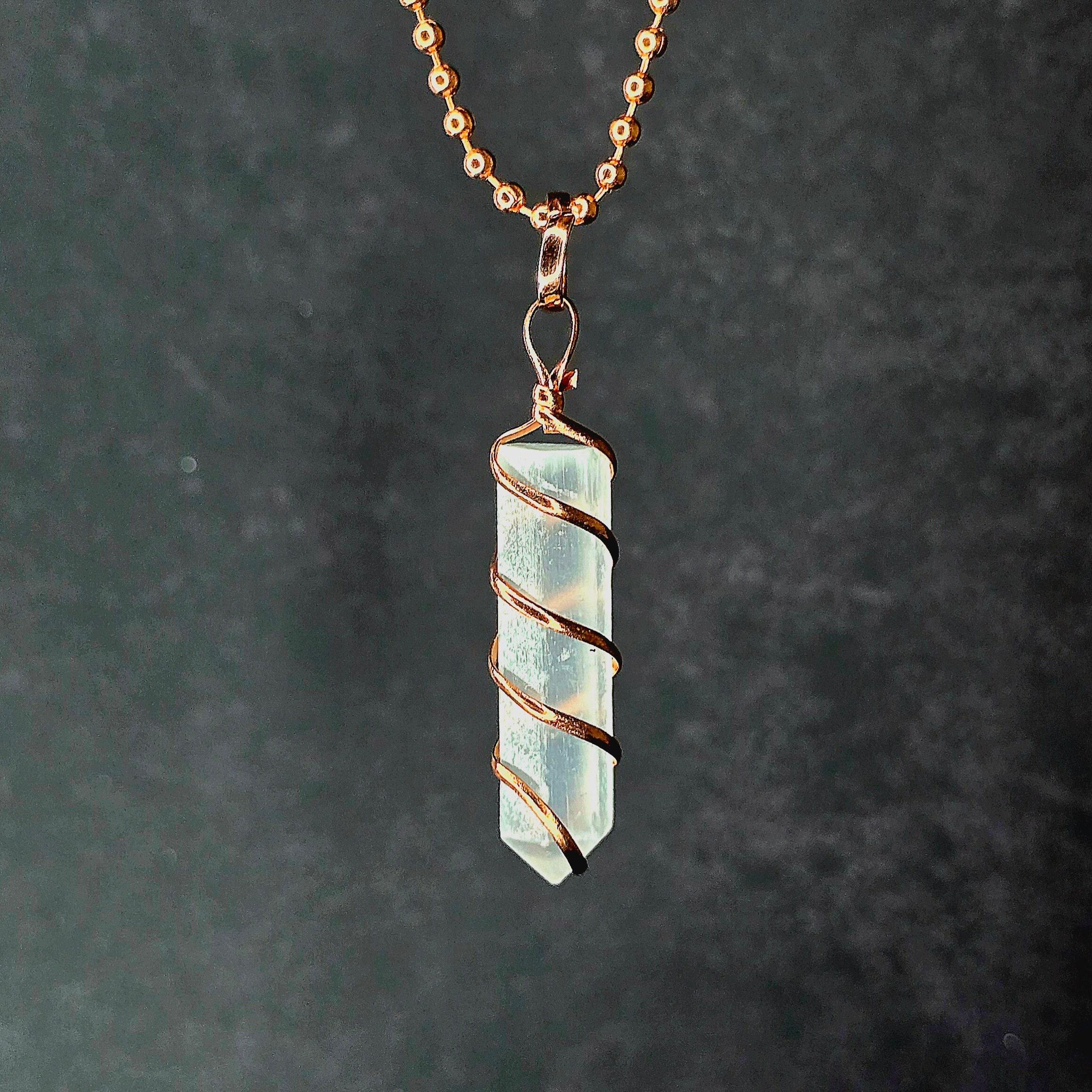Selenite Wire Wrap Crystal Necklace - Copper Wrapped Gemstone Pendant With Chain Selenite Wire Wrap Crystal Necklace - Copper Wrapped Gemstone Pendant With Chain