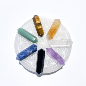 Chakra Crystal Healing Set: Selenite Flower Of Life Plate & 7 Double Terminated Points