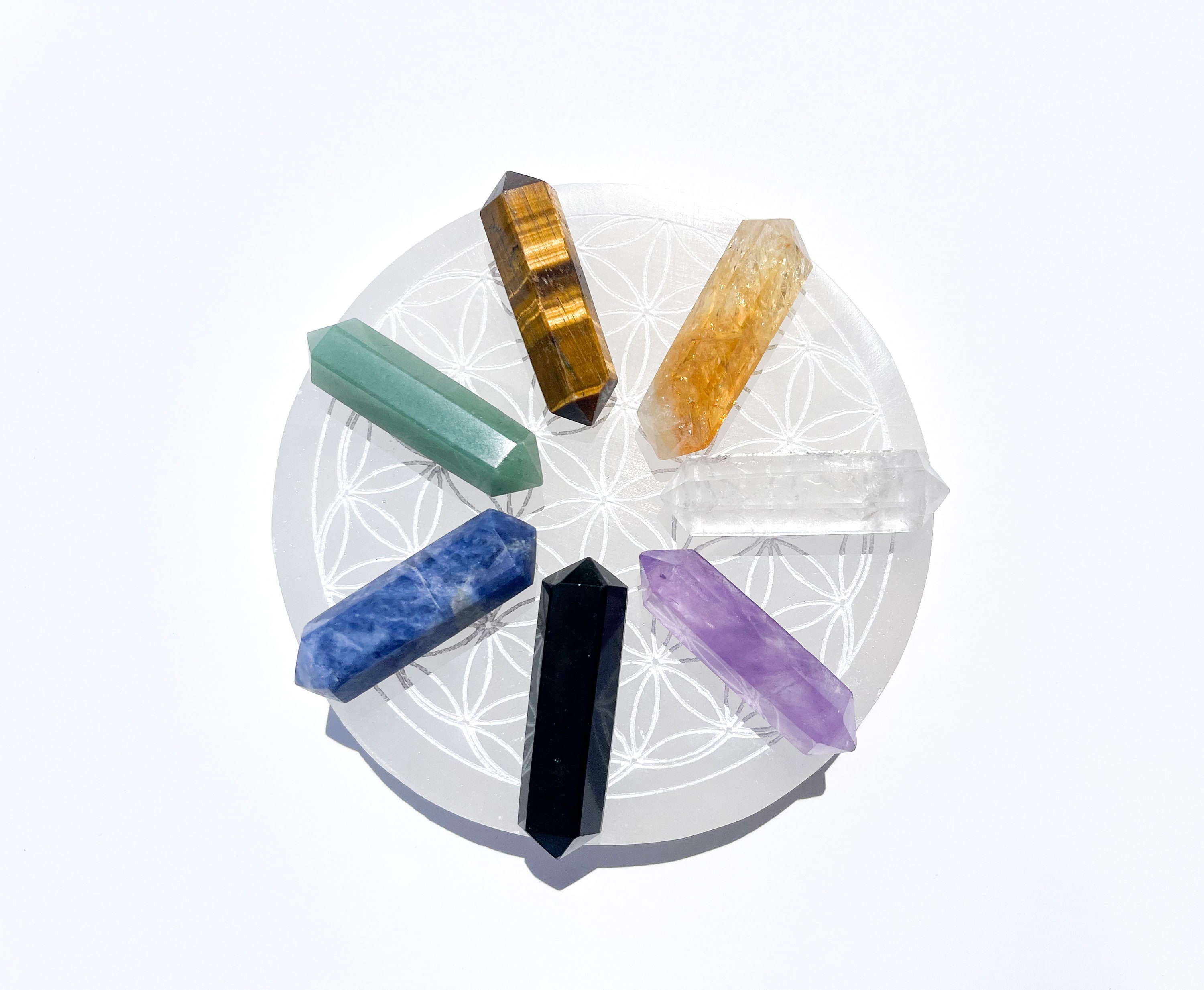 Chakra Crystal Healing Set: Selenite Flower Of Life Plate & 7 Double Terminated Points