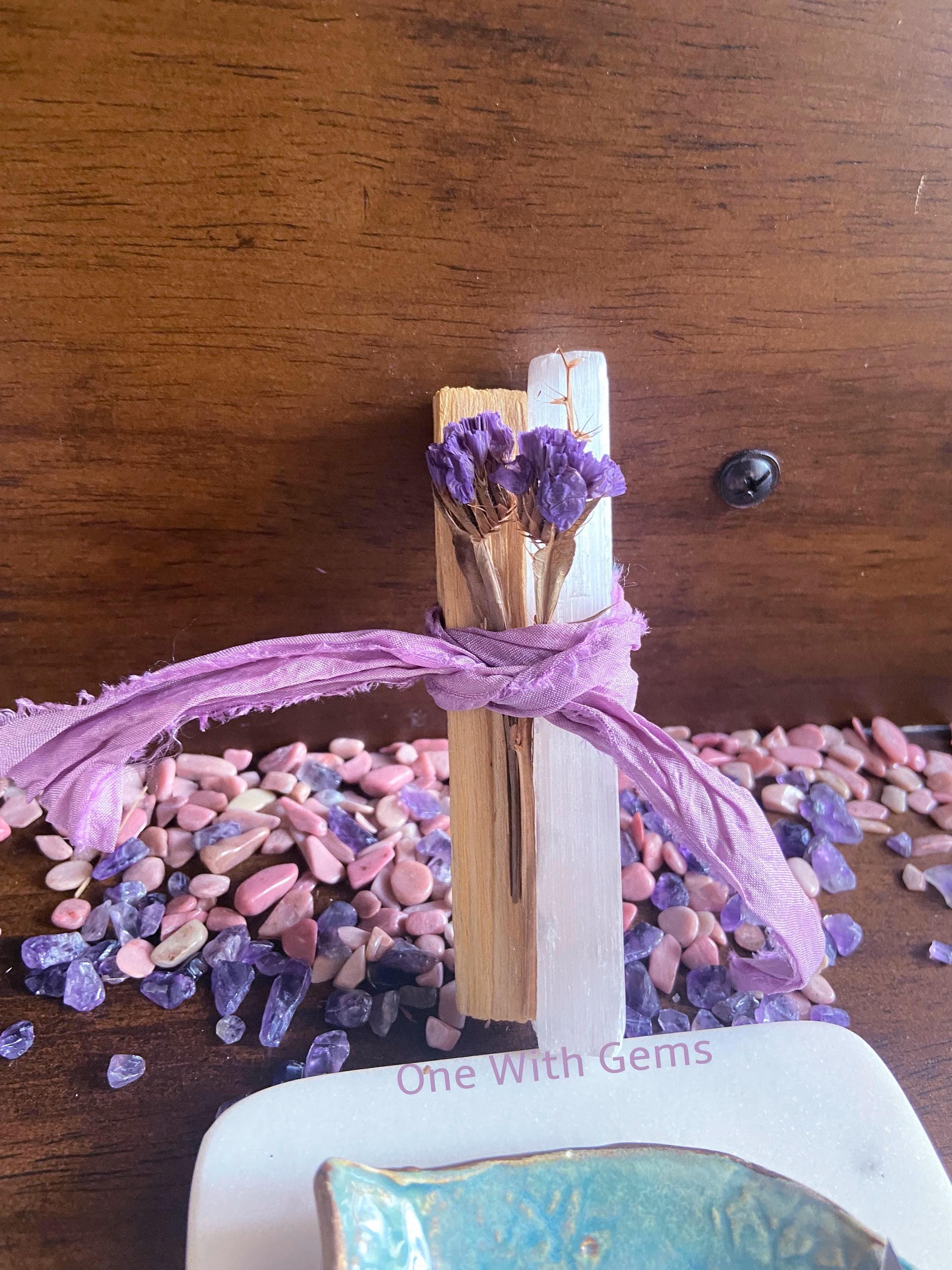 Cleansing Bundle Kit With Selenite Wand, Palo Santo, Flowers & Crystal Chips, Intuitively Chosen