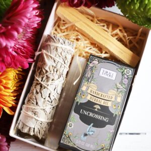 Uncrossing Intention Kit - White Sage Wand, Herbal Oil, Selenite Stick, Palo Santo Stick