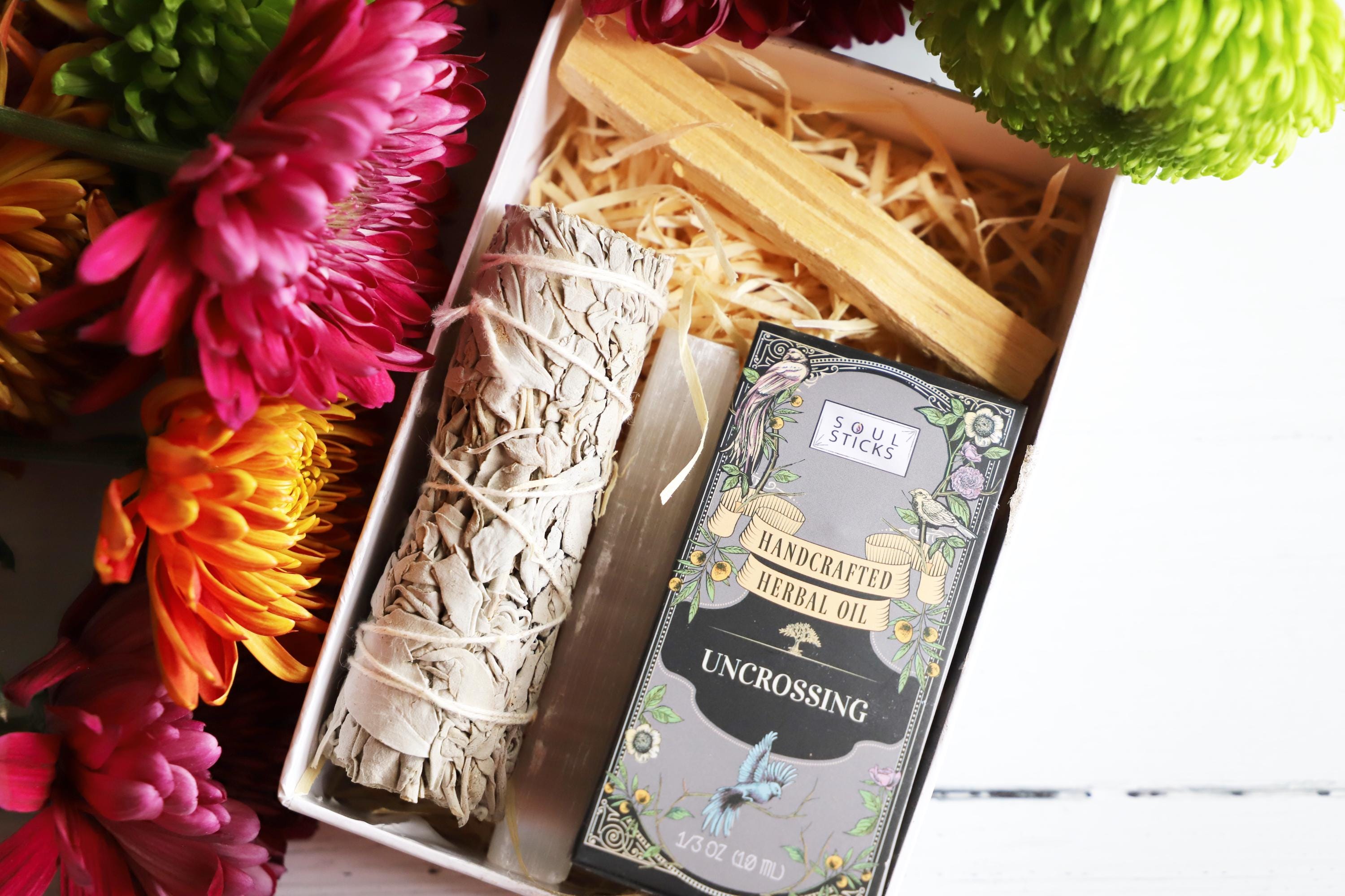 Uncrossing Intention Kit - White Sage Wand, Herbal Oil, Selenite Stick, Palo Santo Stick