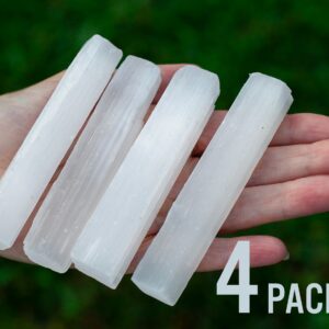 4 PACK | Selenite Sticks, Bulk Raw White Selenite Wands, 4" Selenite Rods, Small Selenite Sticks for Crystal Cleansing, Crystal Charging