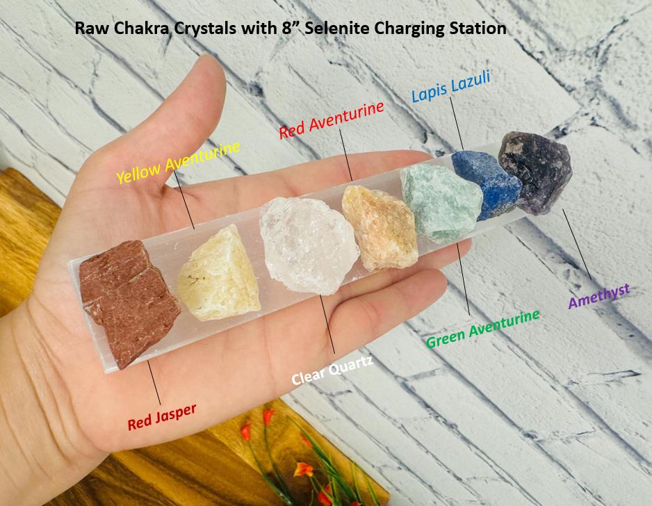 Raw Chakra Stone Set With 8" Selenite Charging Station Bar & Velvet Pouch, Mediation, Healing