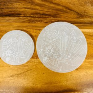 Selenite Charging Station Etched with Crescent Moon, Crystal Cluster and Floral, 4" and 6" Selenite Charging Station Etched with Crescent Moon, Crystal Cluster and Floral, 4" and 6"