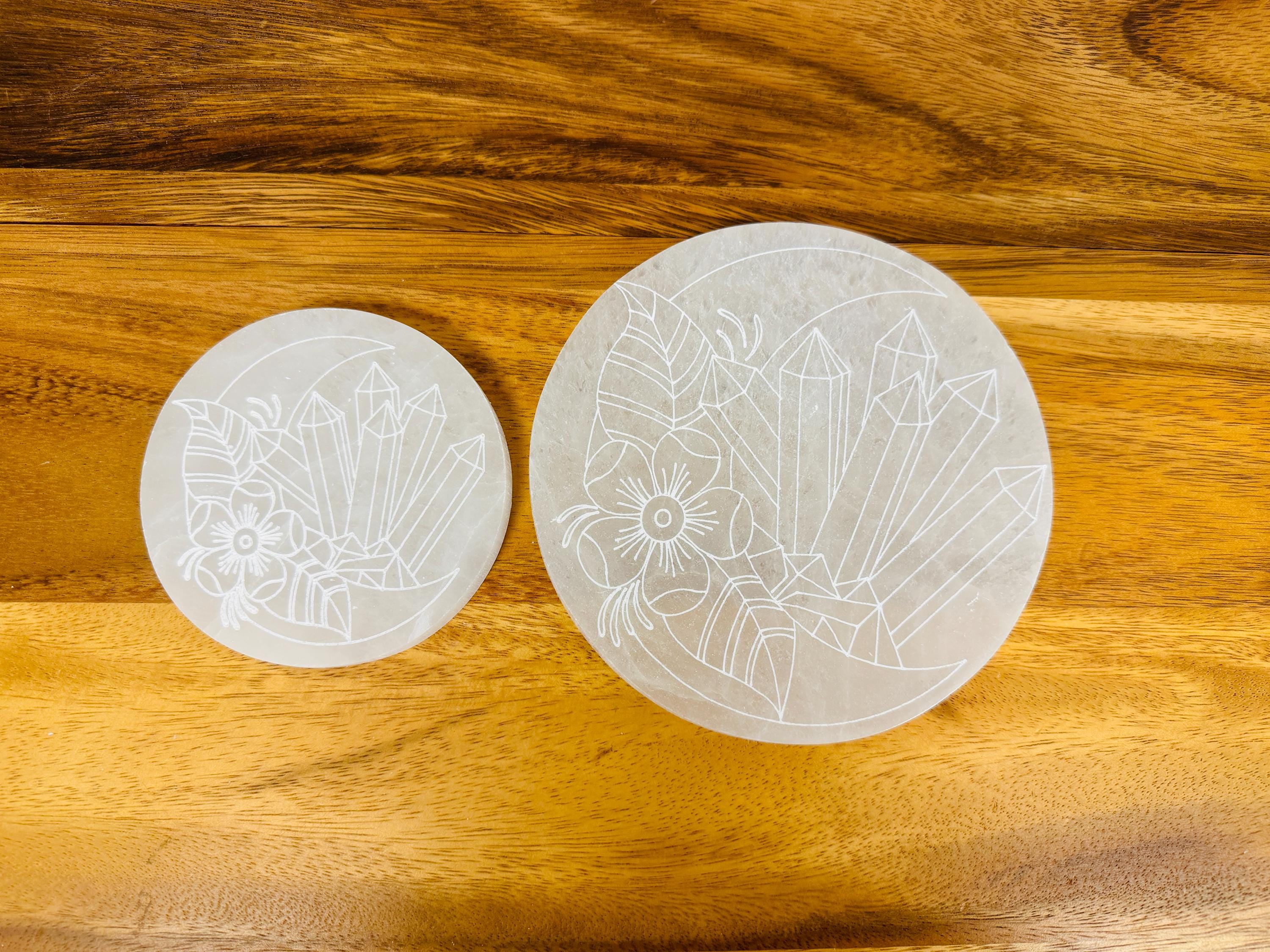 Selenite Charging Station Etched With Crescent Moon, Crystal Cluster And Floral, 4" And 6"