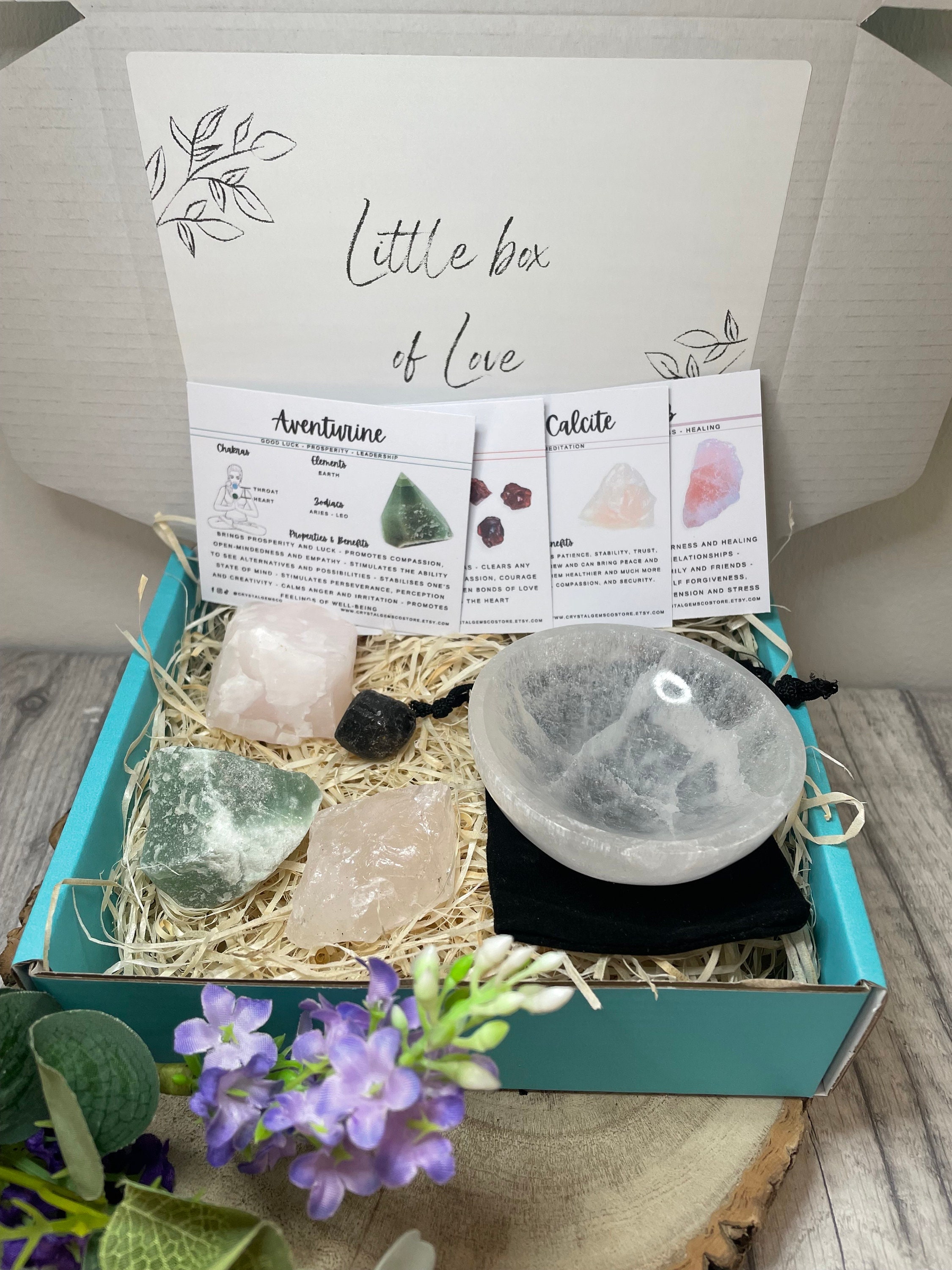 Little Box Of Love Charging Kit - Selenite Bowl Or Plate & Raw Stones Christmas Gift Set