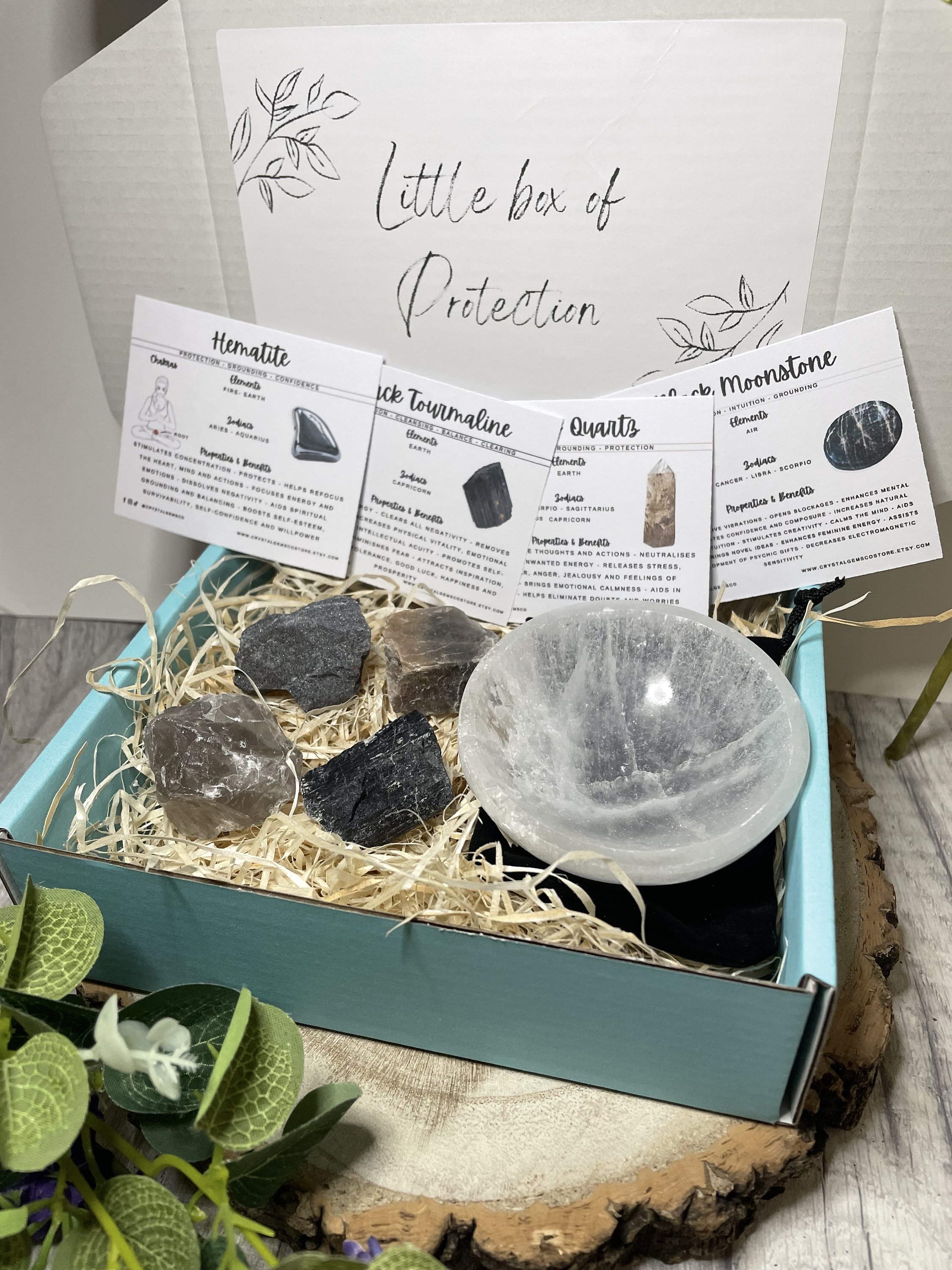 Little Box Of Protection Charging Kit - Selenite Bowl Or Plate & Raw Stones Gift Set