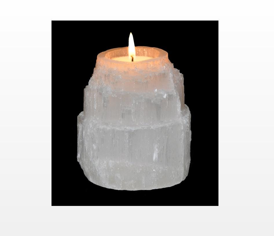 Selenite Votive Candle Holder, Raw Selenite Tea Light, 3 Inches