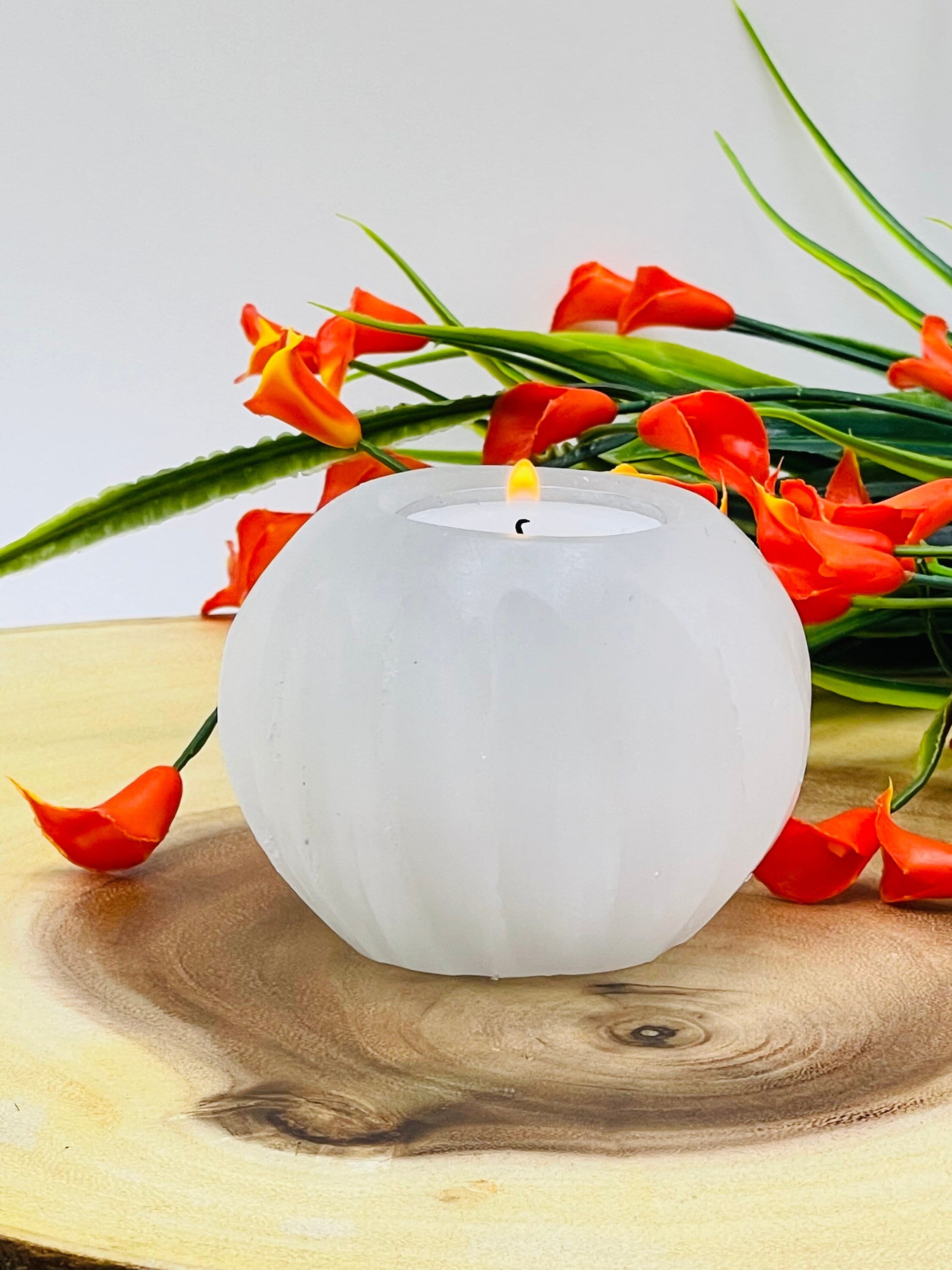 Selenite Votive Candle Holder, Raw Crystal Tea Light Holder, 3.5 Inch In Size