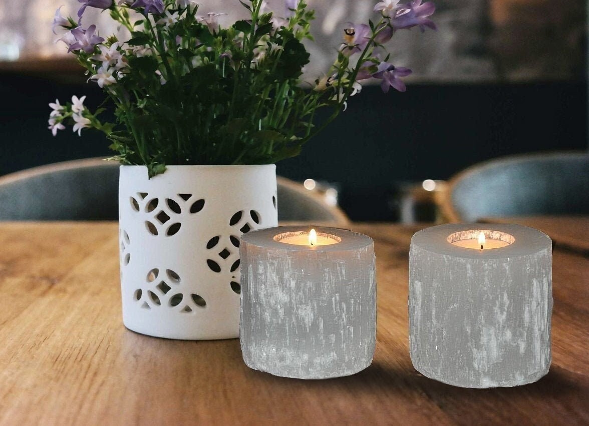 Selenite Votive Candle Holder, Raw Crystal Tea Light Holder, 3" Inches