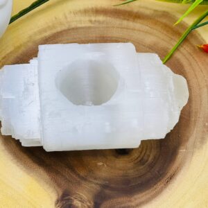 Raw Selenite Votive Candle Holder Log, Healing Crystal Tea Light Decor, 4.5 Inch