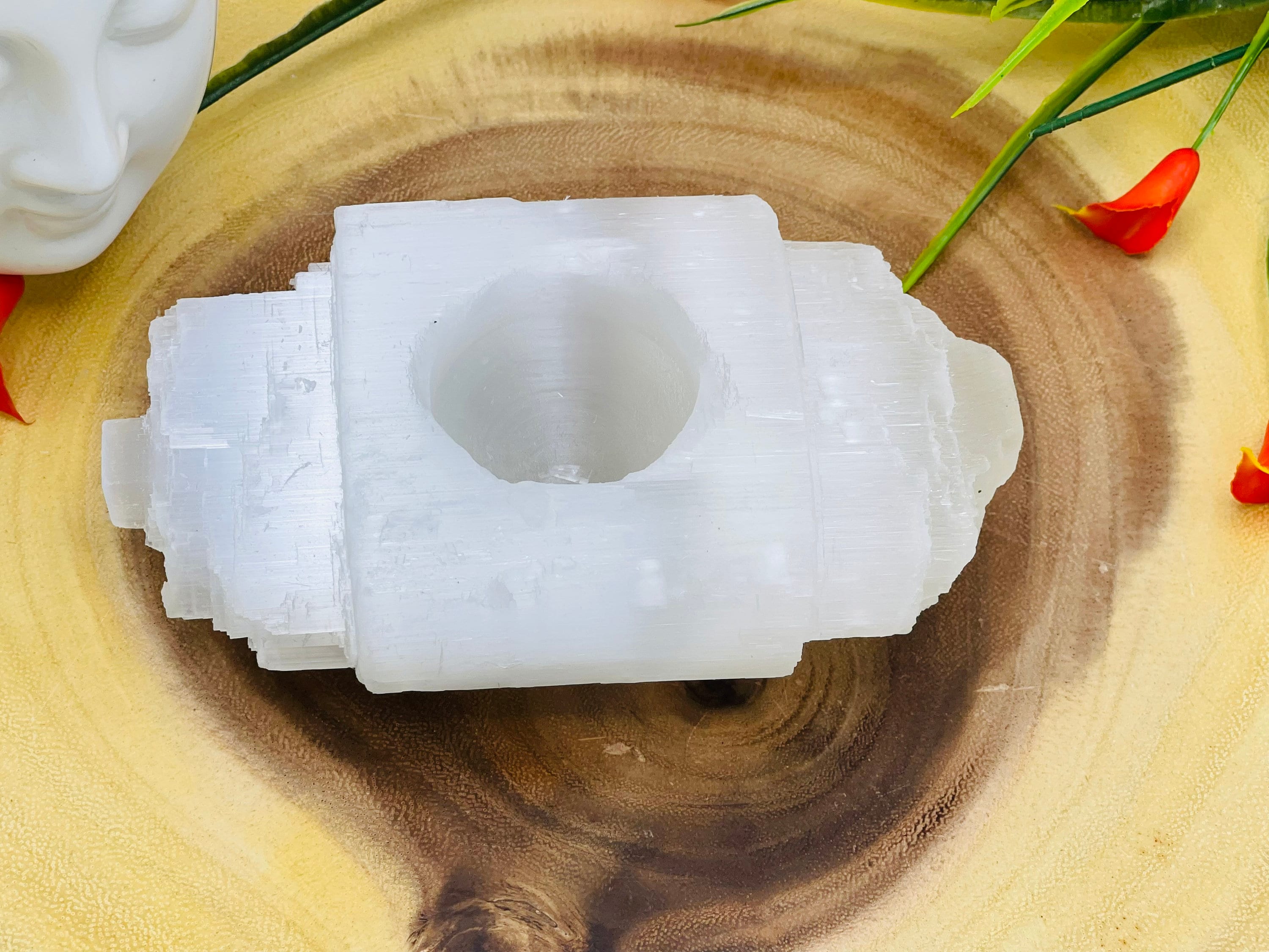 Raw Selenite Votive Candle Holder Log, Healing Crystal Tea Light Decor, 4.5 Inch