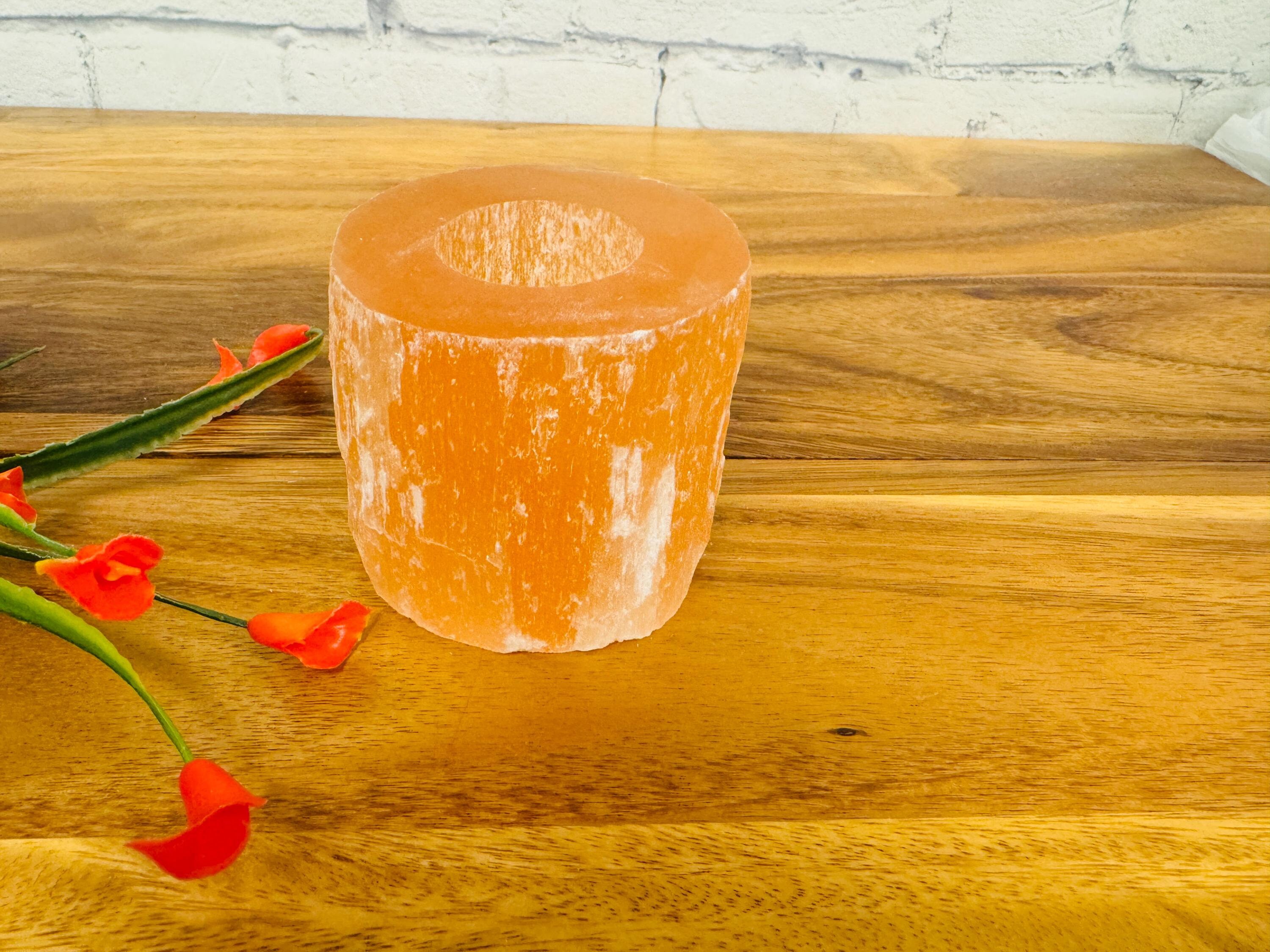 Selenite Votive Candle Holder, Raw Crystal Tea Light Holder, 3 Inches