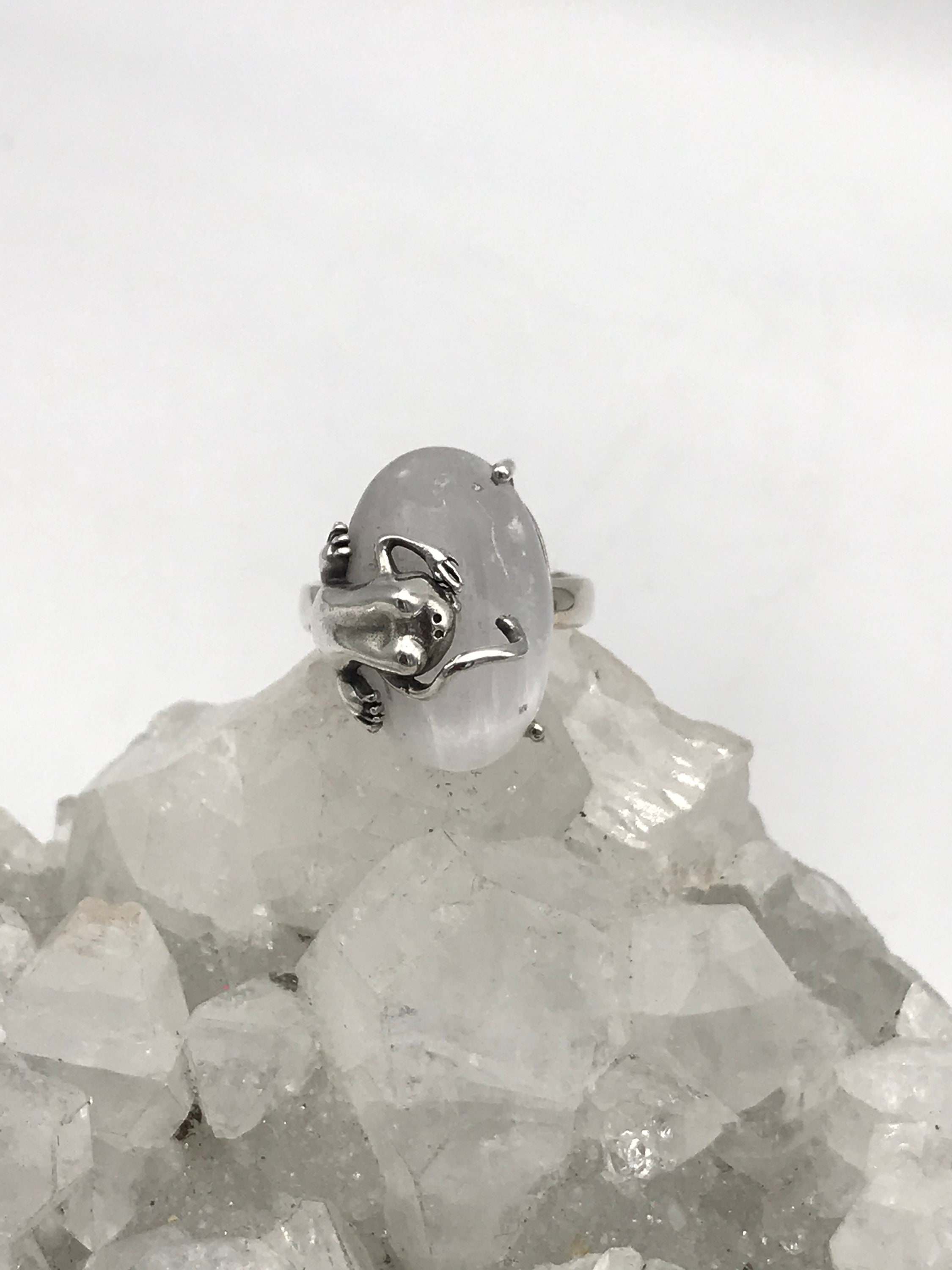 Unique Selenite Frog Ring, Size 7