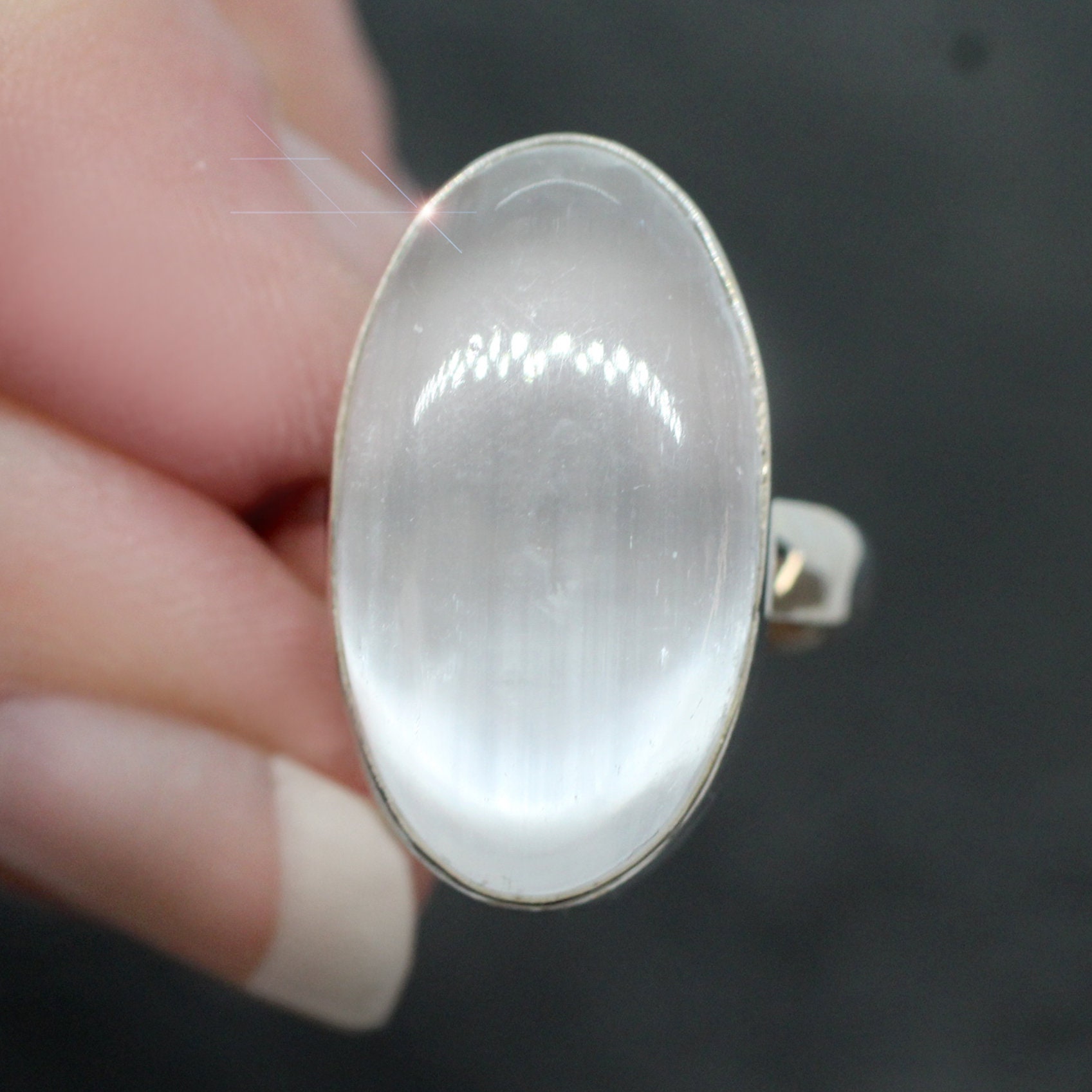 Vanilla Frost - Genuine Selenite Sterling Silver Ring - Size 10