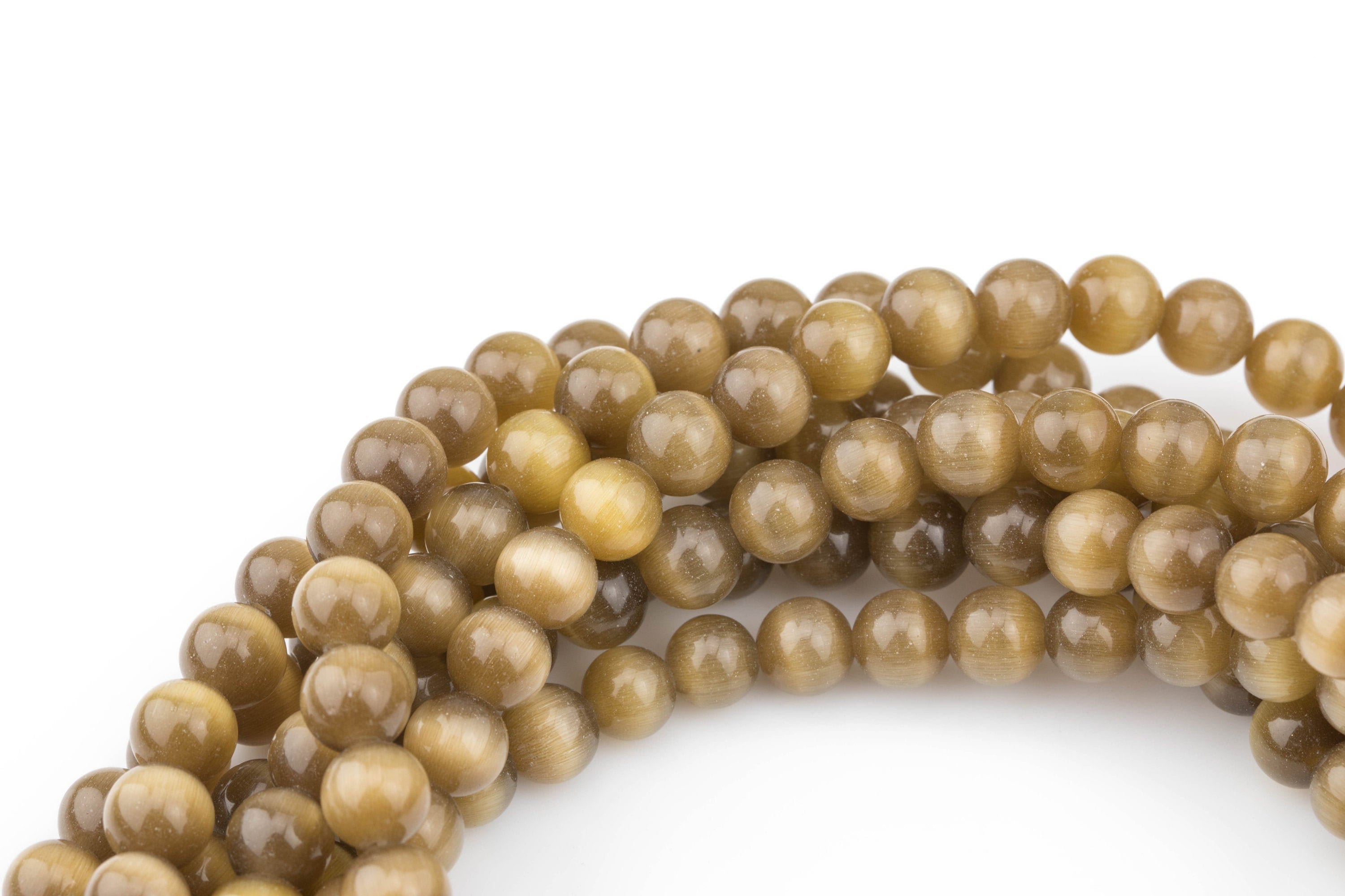 Cats Eye- Selenite Quartz- High Quality In Smooth Round, 4mm, 6mm, 8mm, 10mm, 12mm- Full Strand 15.5 Inches Long- Golden