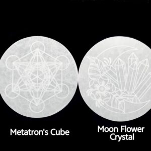 Selenite Round Charging Plate Metatron's Cube & Moon Flower Crystal Size 4''