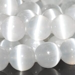 Genuine Natural Selenite Gemstone Beads 10MM White Cat's Eye Round AAA Quality Loose Beads (115986)