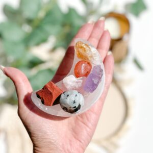 Cancer Zodiac Crystal Set: Selenite Moon Bowl, Healing Gemstones Cancer Zodiac Crystal Set: Selenite Moon Bowl, Healing Gemstones