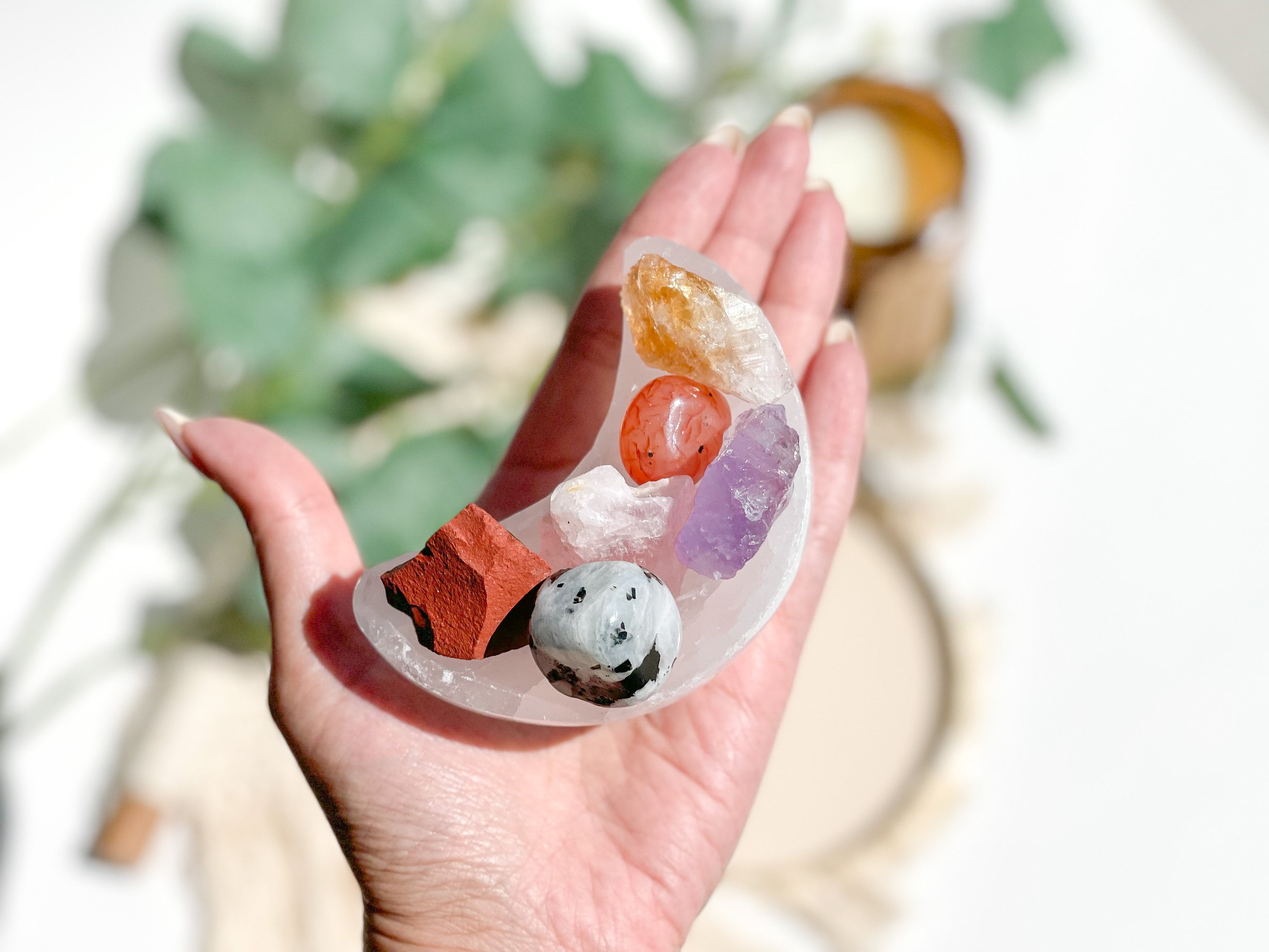 Cancer Zodiac Crystal Set: Selenite Moon Bowl, Healing Gemstones