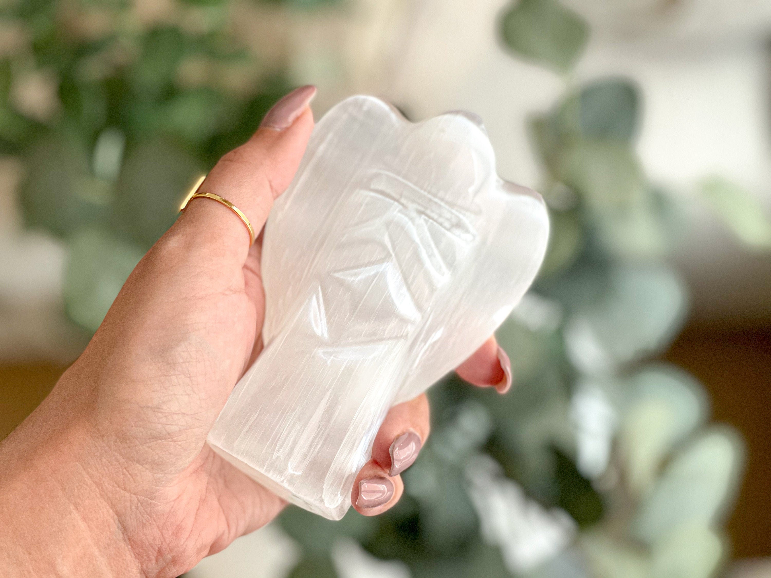Selenite Crystal Angel: Carved Gemstone, Reiki Blessed