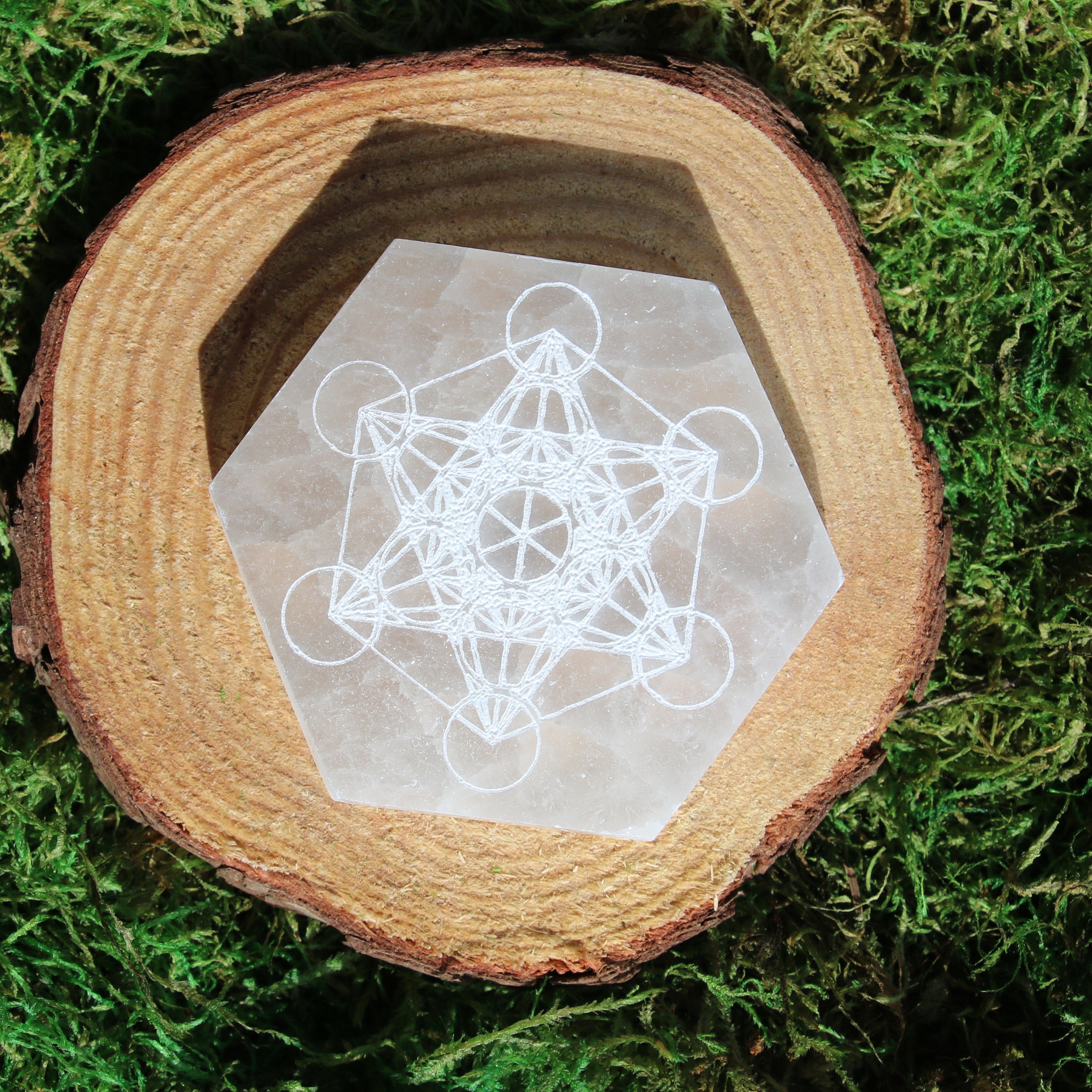 Selenite Etched Metatron Cube Polished Hexagon Charging Plate 2.75 Inch*