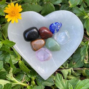 Selenite Heart Bowl With Chakra Stone Set Selenite Heart Bowl With Chakra Stone Set