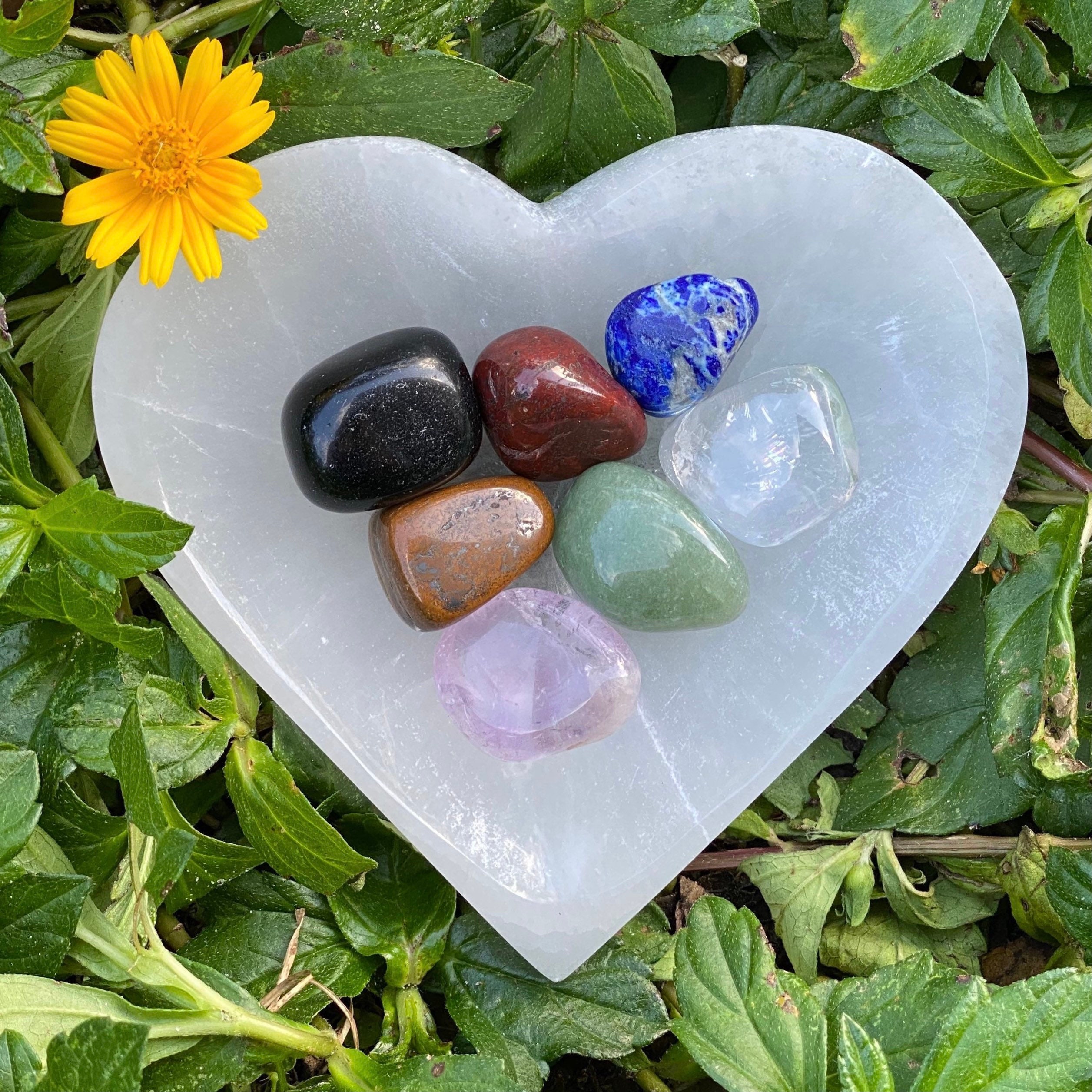 Selenite Heart Bowl With Chakra Stone Set